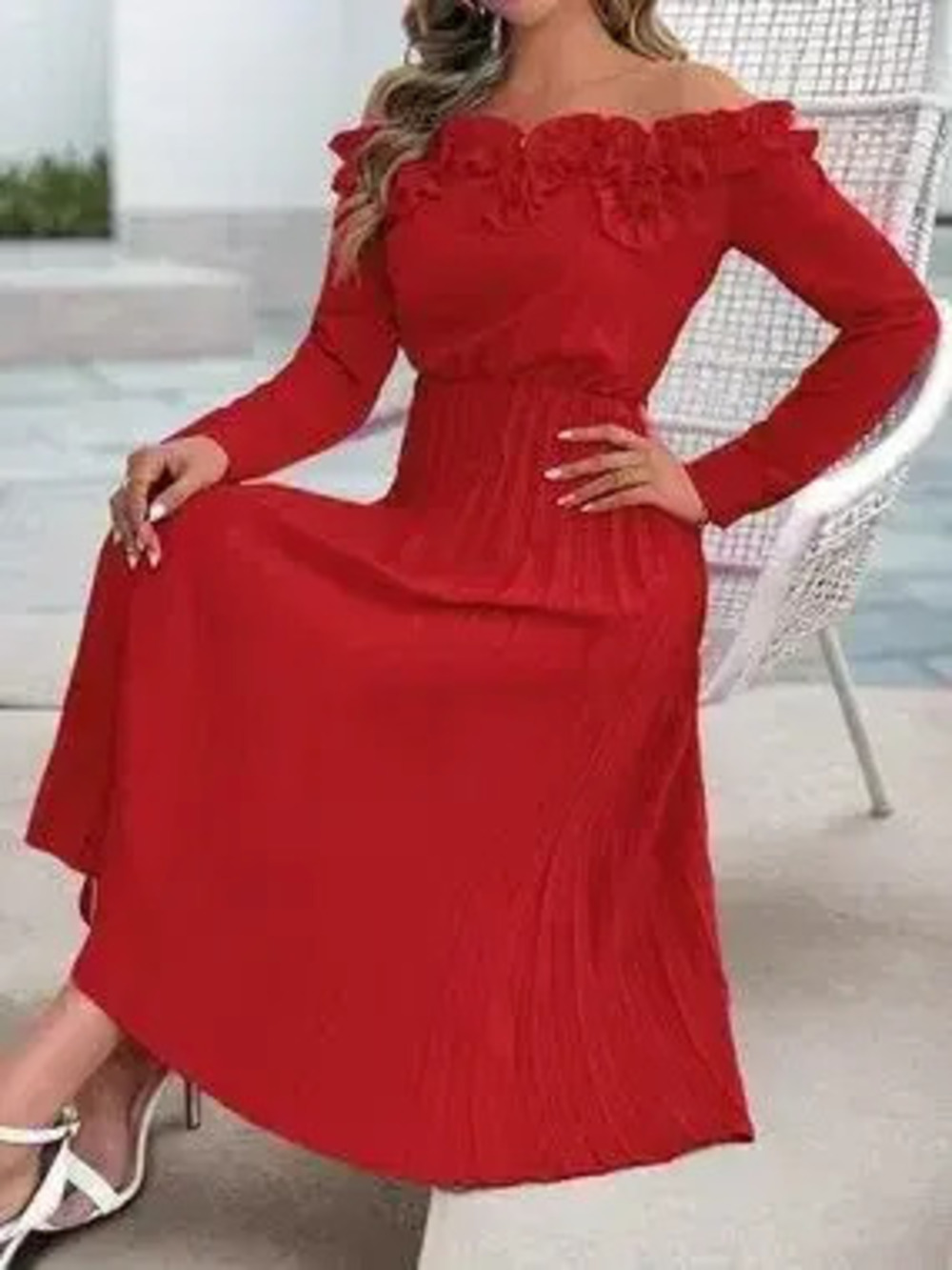 Off-Shoulder Ruffle Pleated Midi Dress - Picture 4 of 10